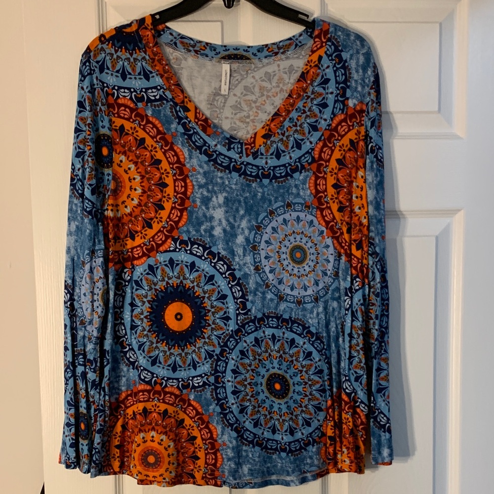 Vibrant Blue and Orange Mandala Long Sleeve Top